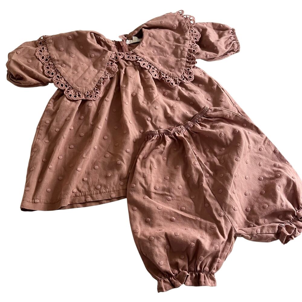 JP Girls Brown Raised Dot Dress and Bloomers Lace Collar Boutique 12M EUC